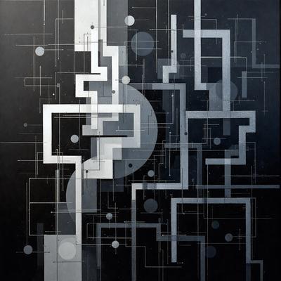 The primary subject of the image is a black and white geometric pattern. The setting is a black background, which contrasts with the white geometric shapes. The visual style is a combination of digital art and illustration, creating a unique and intricate design. The dominant colors are black and white, giving the image a classic and timeless appearance. The overall atmosphere is one of sophistication and elegance, as the geometric pattern is skillfully crafted and visually appealing.
